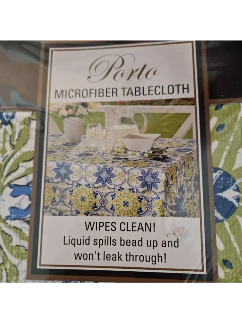 Microfiber Rectangle Tablecloth Linen 102x60 Porto Blue Green Floral Waterproof